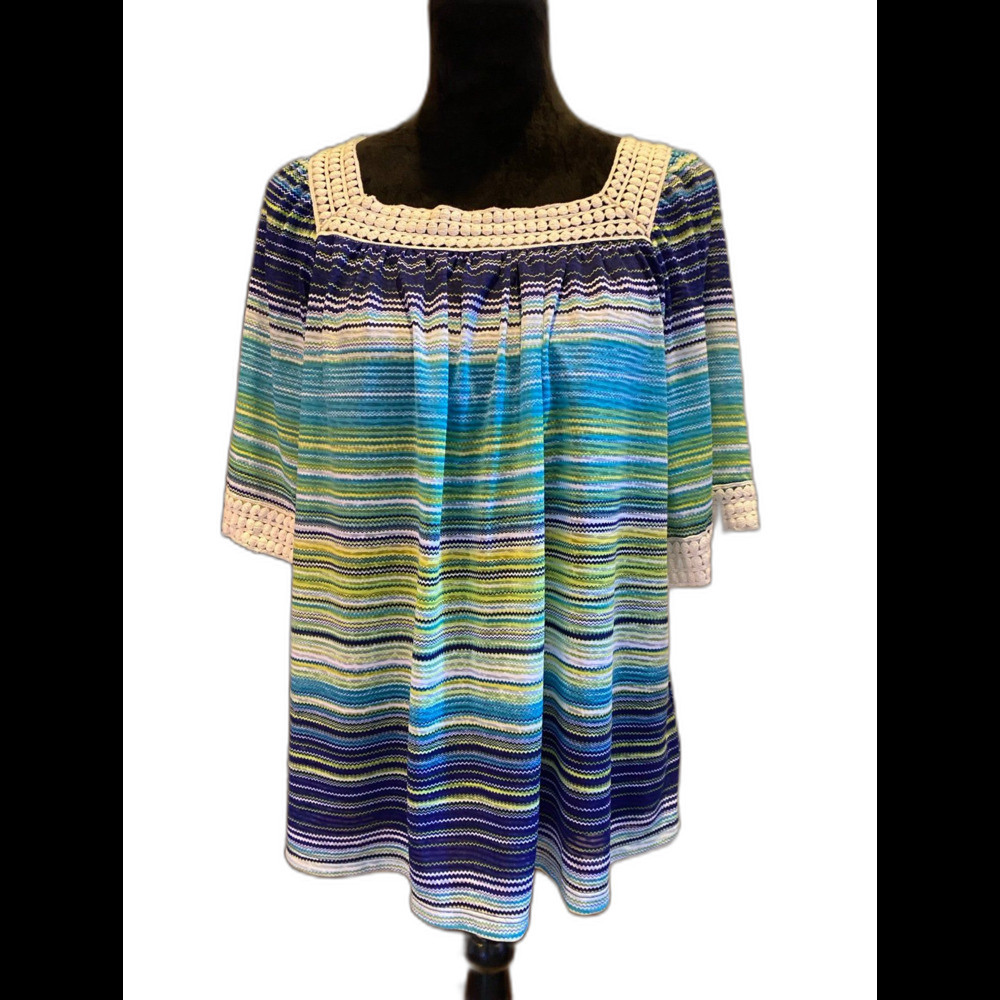 Hannah Top‎ Womens Large Blouse Lace Square Neck Short Sleeve Striped Green Navy